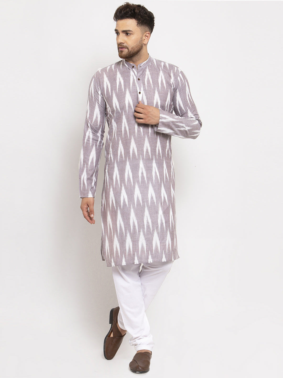 Jompers Men Grey Woven Design Ikkat Straight Kurta with Churidar - Distacart