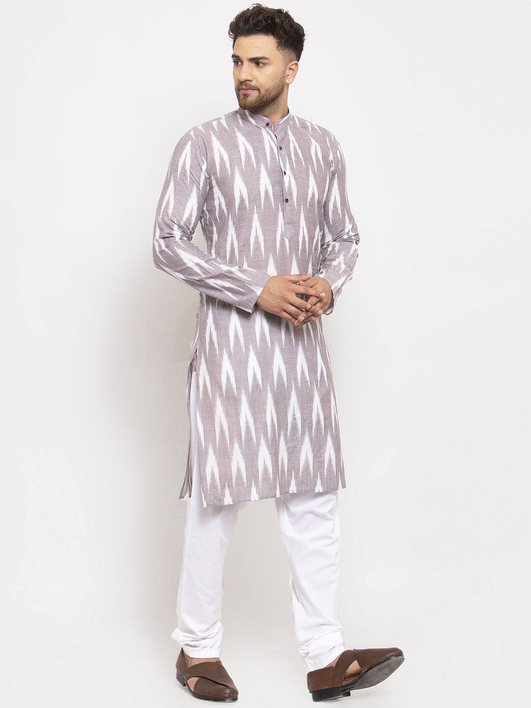 Jompers Men Grey Woven Design Ikkat Straight Kurta with Churidar - Distacart