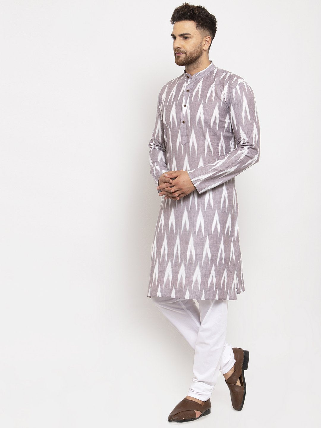 Jompers Men Grey Woven Design Ikkat Straight Kurta Only - Distacart