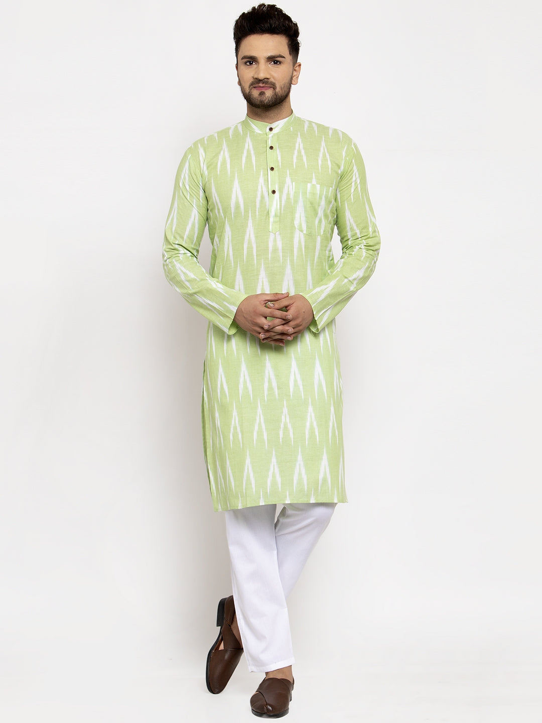 Jompers Men Lime Green Woven Design Ikkat Straight Kurta with Churidar - Distacart