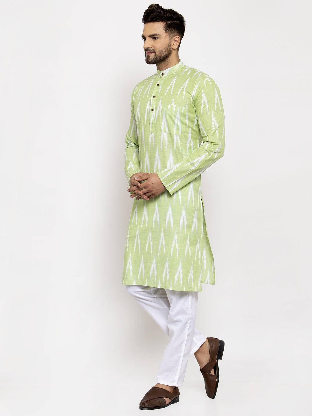 Jompers Men Lime Green Woven Design Ikkat Straight Kurta with Churidar - Distacart