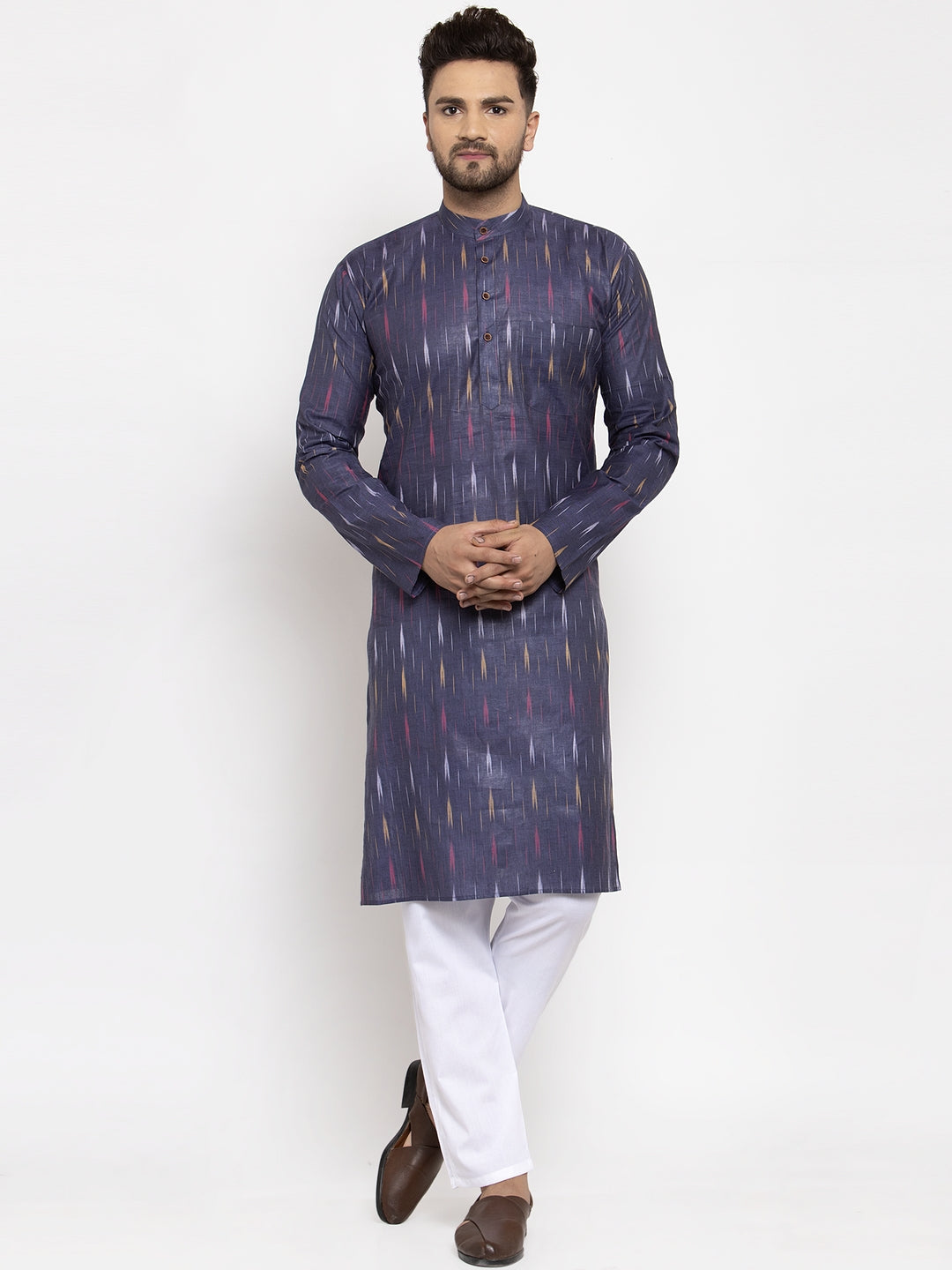 Jompers Men Navy Blue Woven Design Ikkat Straight Kurta with Churidar - Distacart