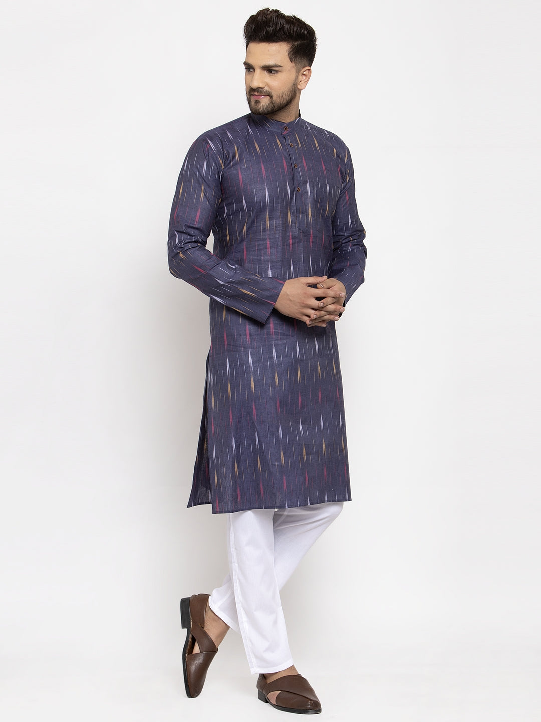 Jompers Men Navy Blue Woven Design Ikkat Straight Kurta with Churidar - Distacart
