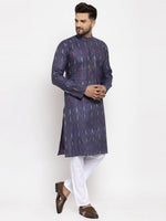 Thumbnail for Jompers Men Navy Blue Woven Design Ikkat Straight Kurta with Churidar - Distacart