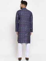 Thumbnail for Jompers Men Navy Blue Woven Design Ikkat Straight Kurta with Churidar - Distacart