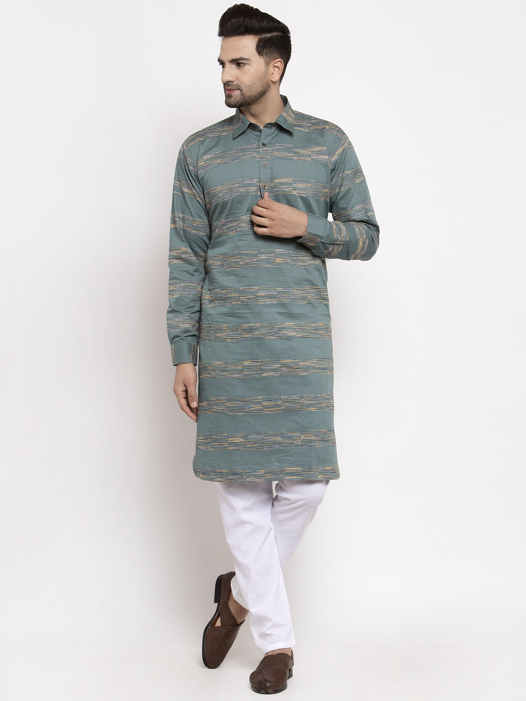 Jompers Men Green & White Woven Design Kurta with Pyjamas - Distacart