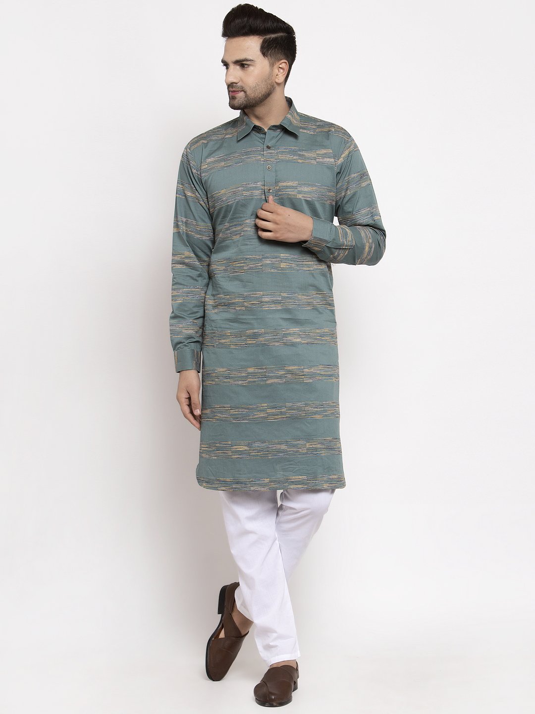 Jompers Men Green & White Woven Design Kurta Only - Distacart