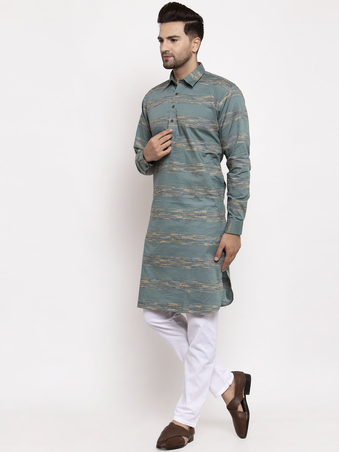 Jompers Men Green & White Woven Design Kurta Only - Distacart