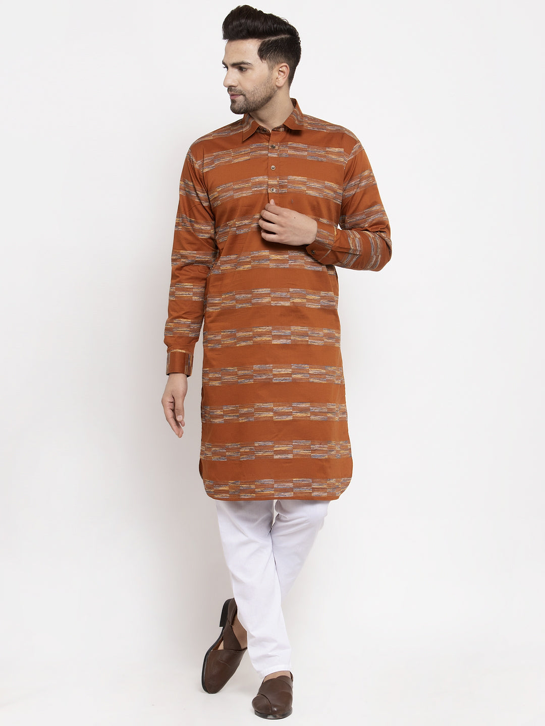 Jompers Men Mustard & White Woven Design Kurta with Pyjamas - Distacart