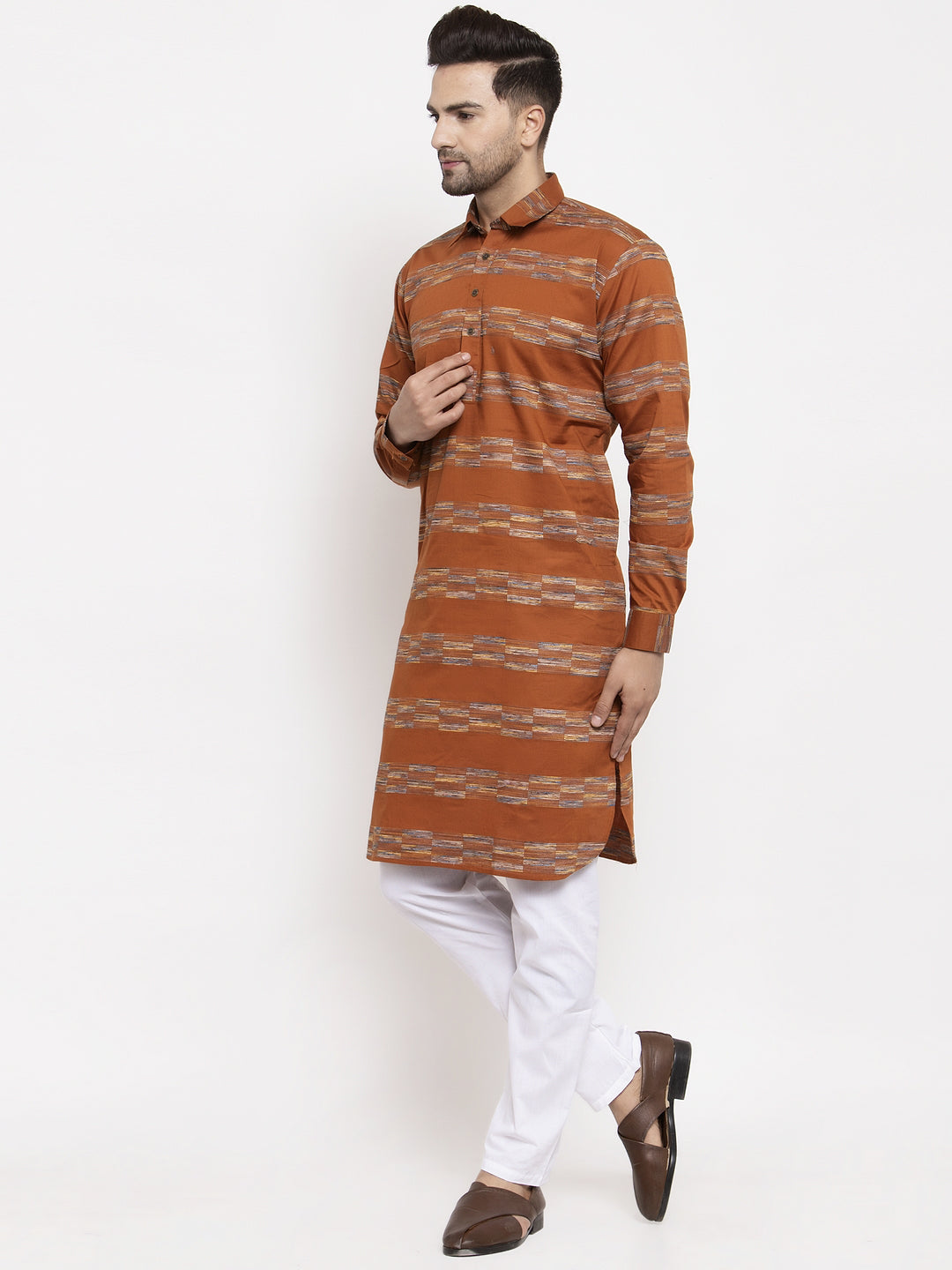 Jompers Men Mustard & White Woven Design Kurta with Pyjamas - Distacart