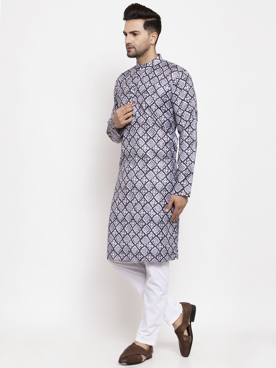 Jompers Men Blue & White Printed Kurta with Churidar - Distacart