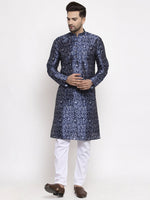 Thumbnail for Jompers Men Navy Blue & White Printed Kurta Only - Distacart