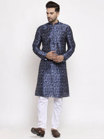 Thumbnail for Jompers Men Navy Blue & White Printed Kurta with Pyjamas - Distacart