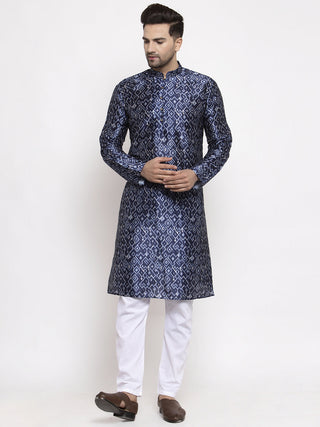Jompers Men Navy Blue & White Printed Kurta with Pyjamas - Distacart