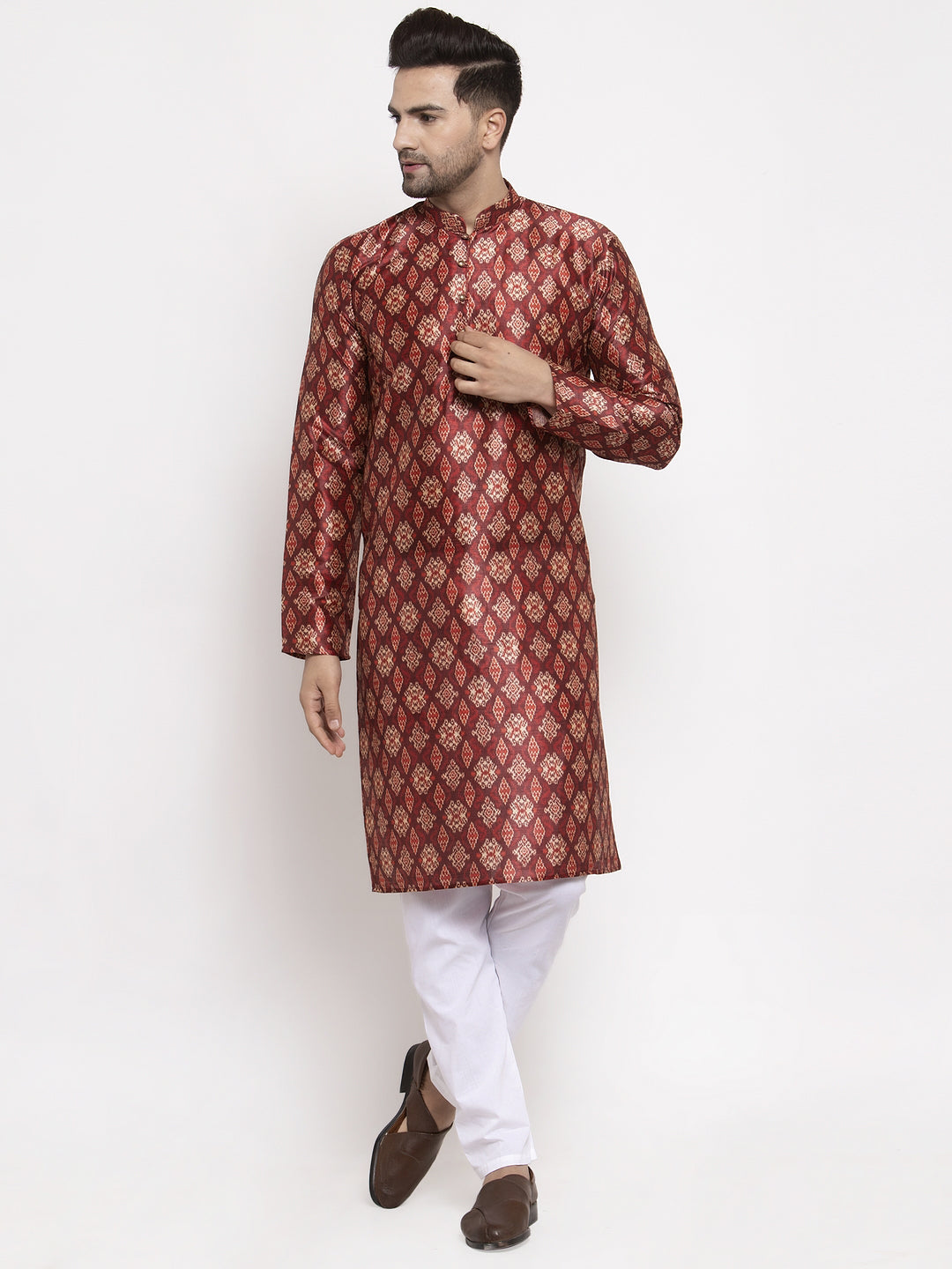 Jompers Men Maroon Printed Kurta with Pyjamas - Distacart