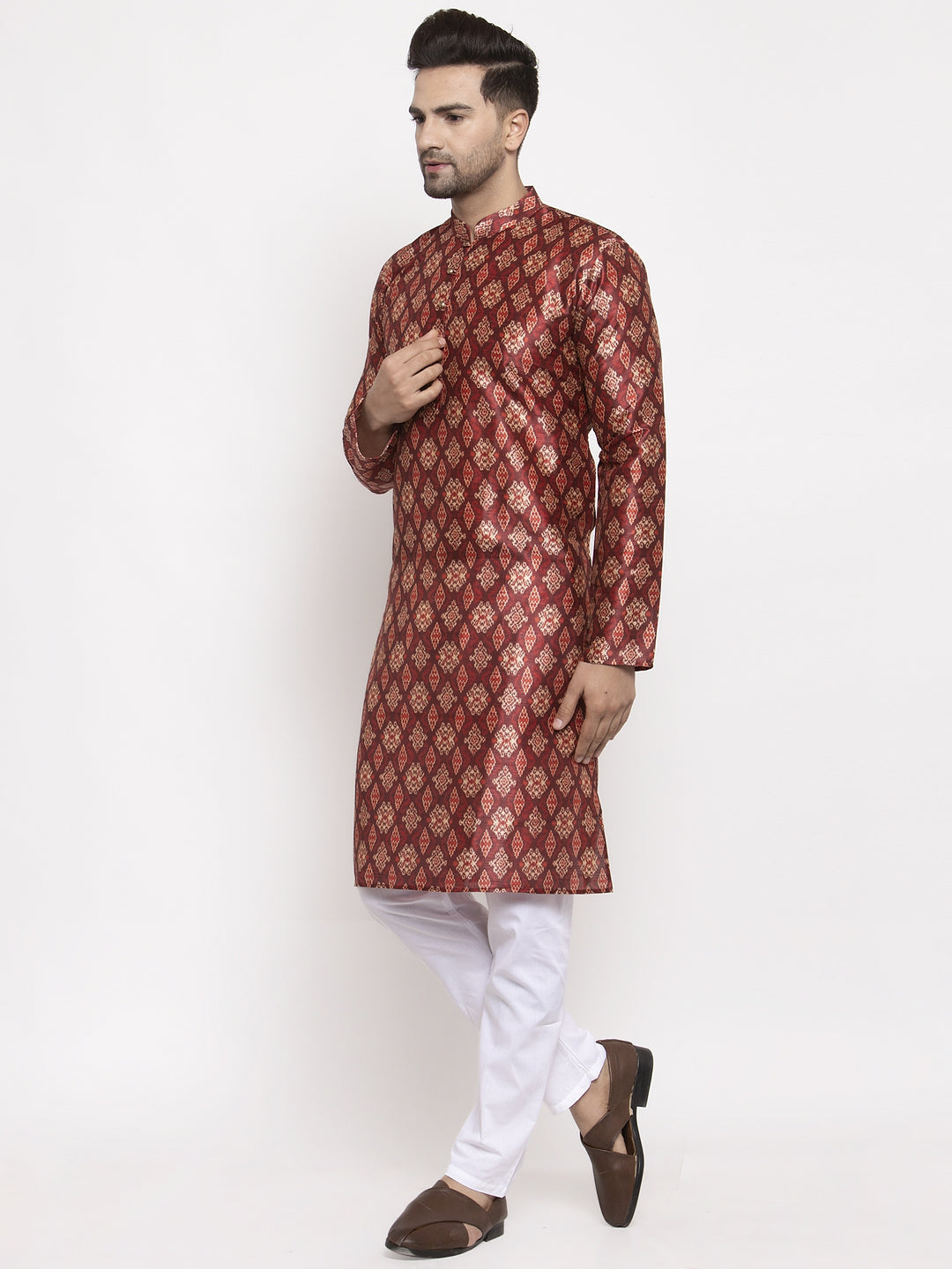 Jompers Men Maroon Printed Kurta with Pyjamas - Distacart