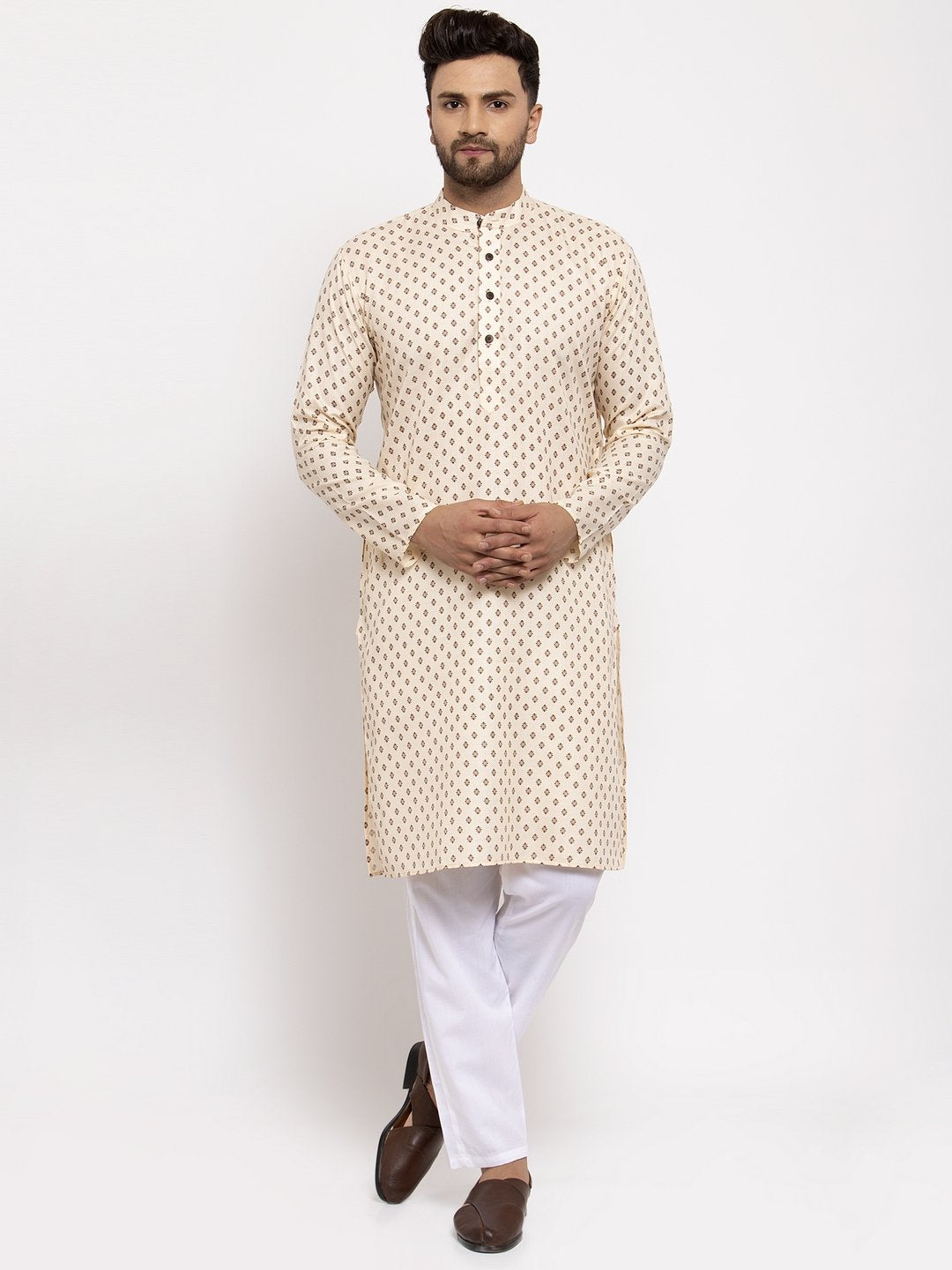 Jompers Men Cream-Coloured Printed Kurta Only - Distacart
