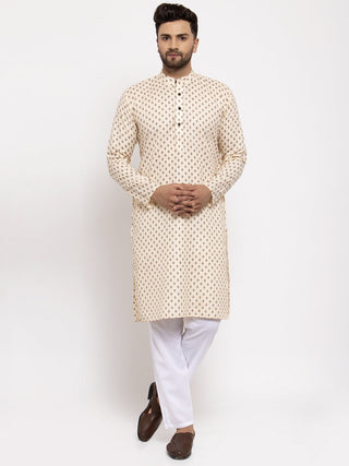 Jompers Men Cream-Coloured Printed Kurta with Pyjamas - Distacart