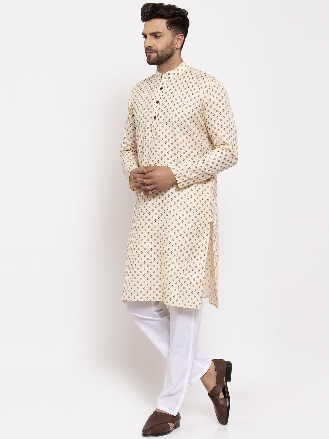 Jompers Men Cream-Coloured Printed Kurta with Pyjamas - Distacart