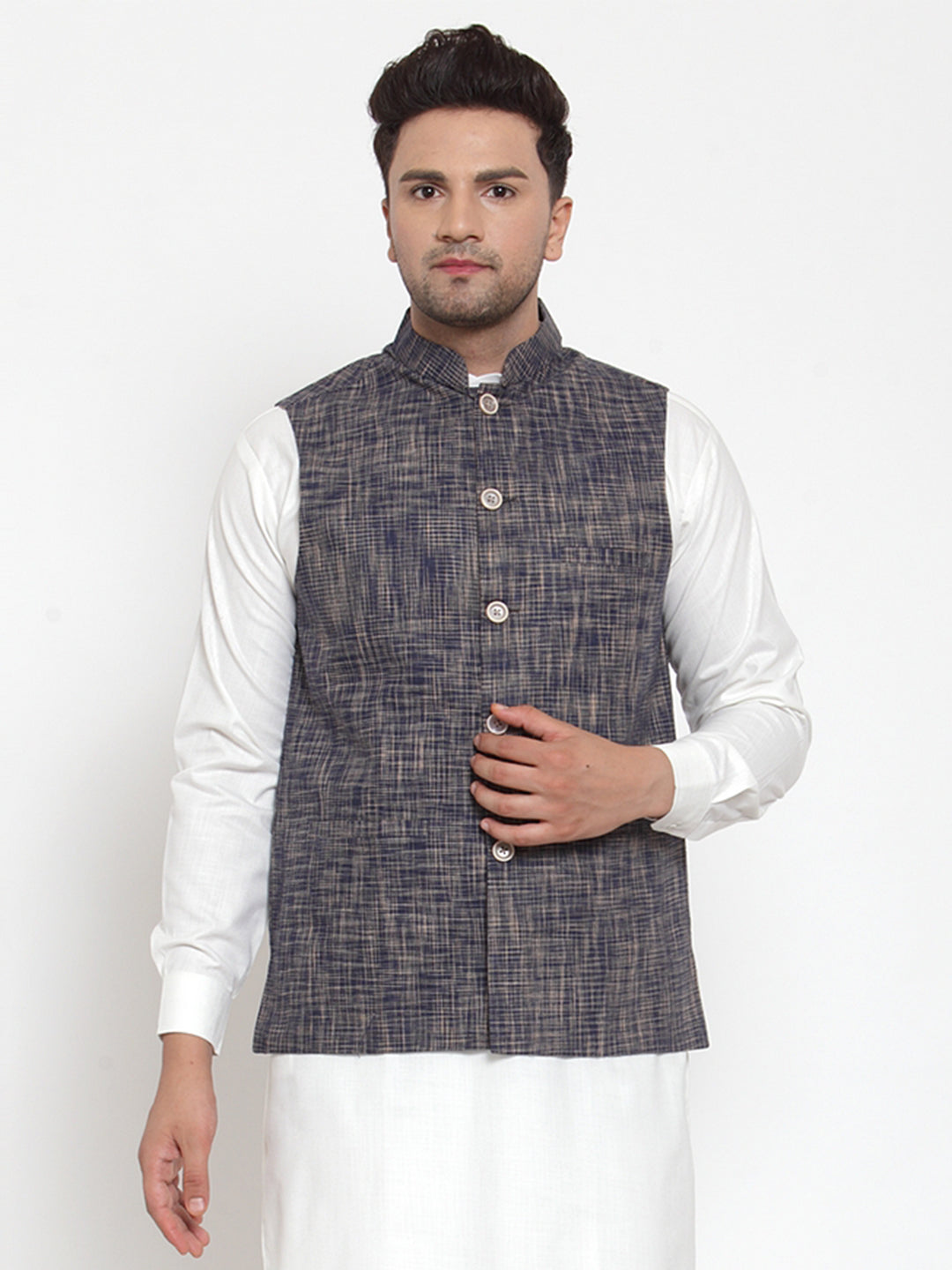Jompers Men's Beautiful Blue Woven Design Nehru Jacket