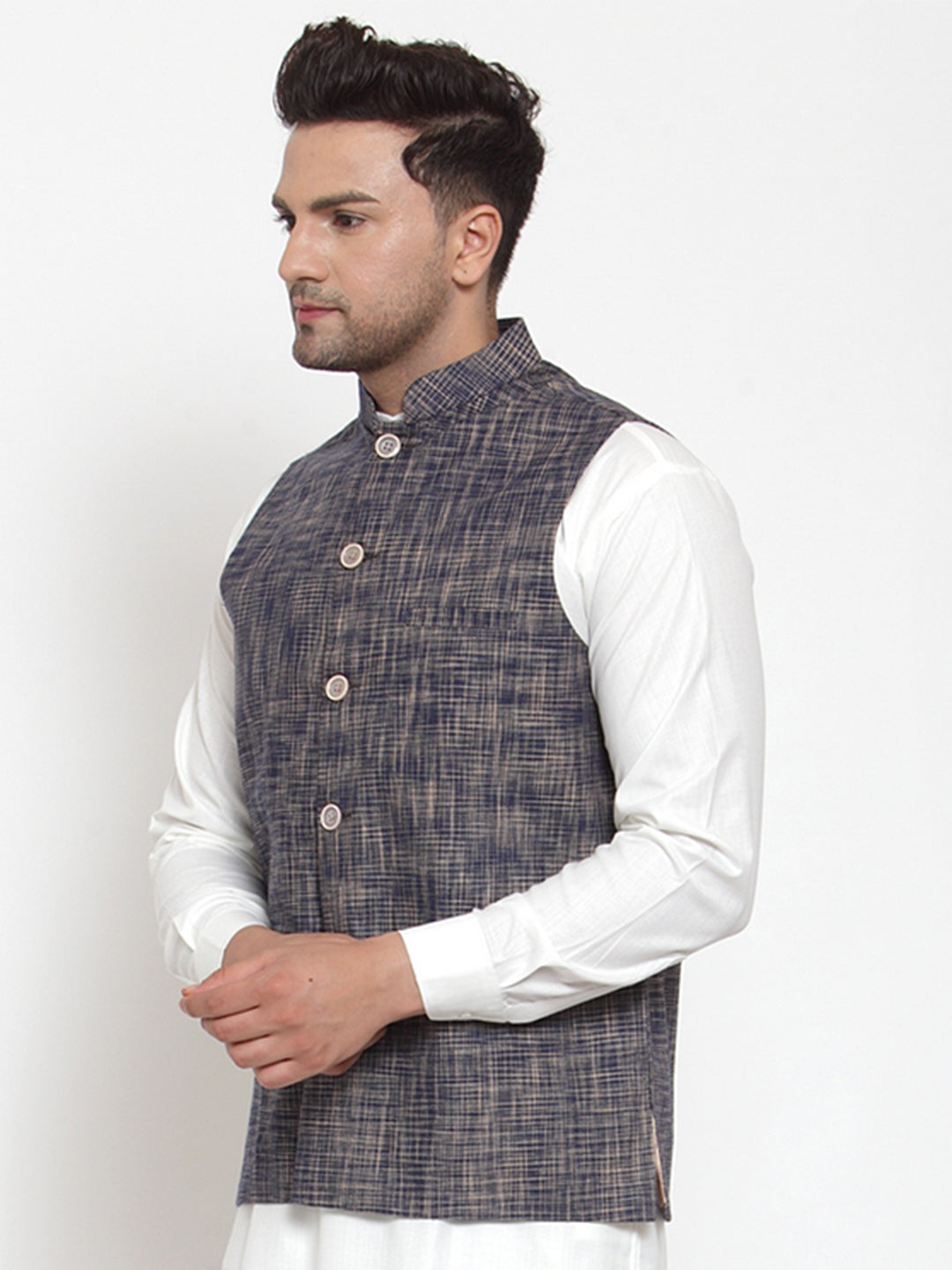 Jompers Men's Beautiful Blue Woven Design Nehru Jacket