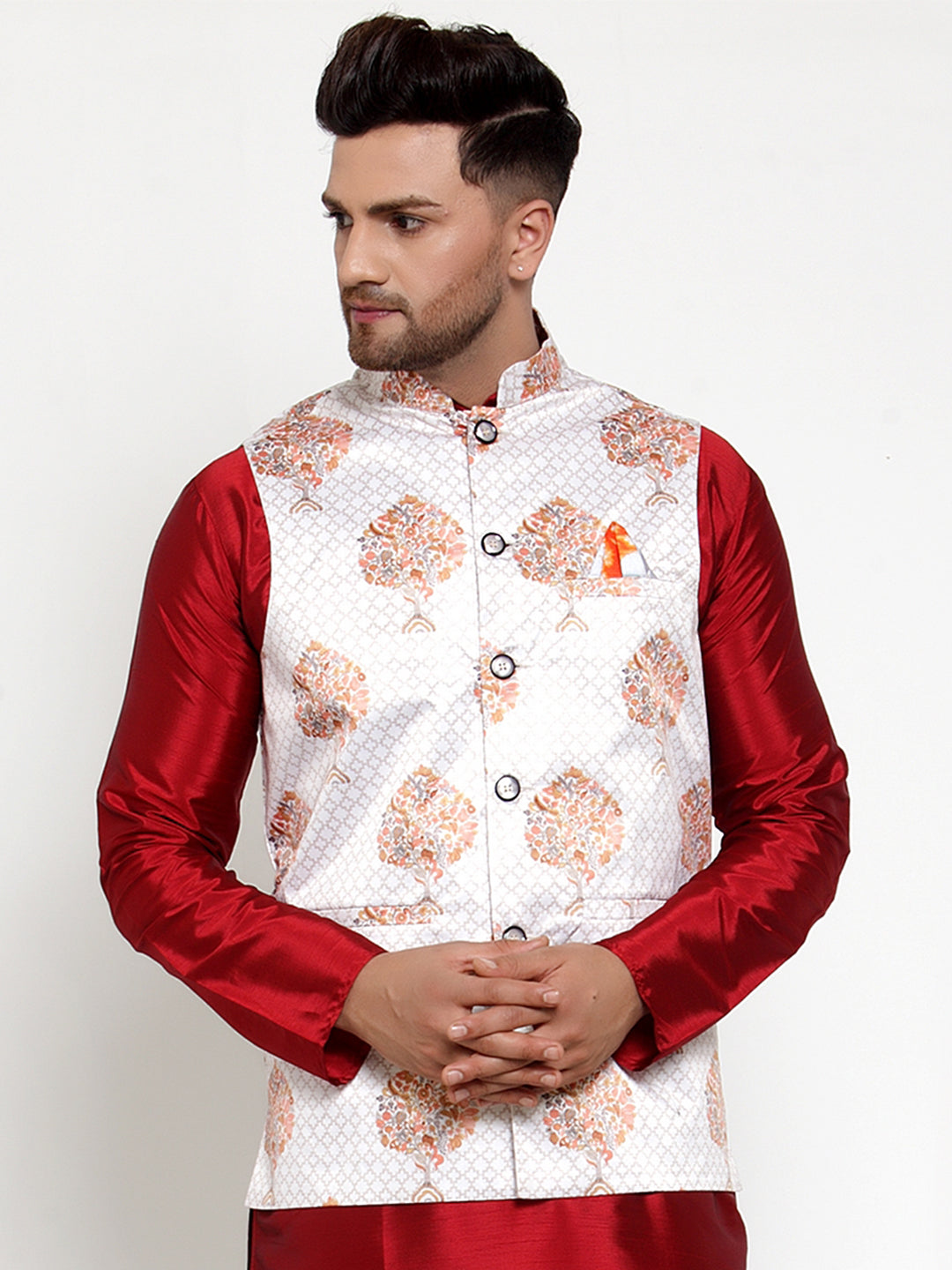 Jompers Men's White Printed Nehru Jacket