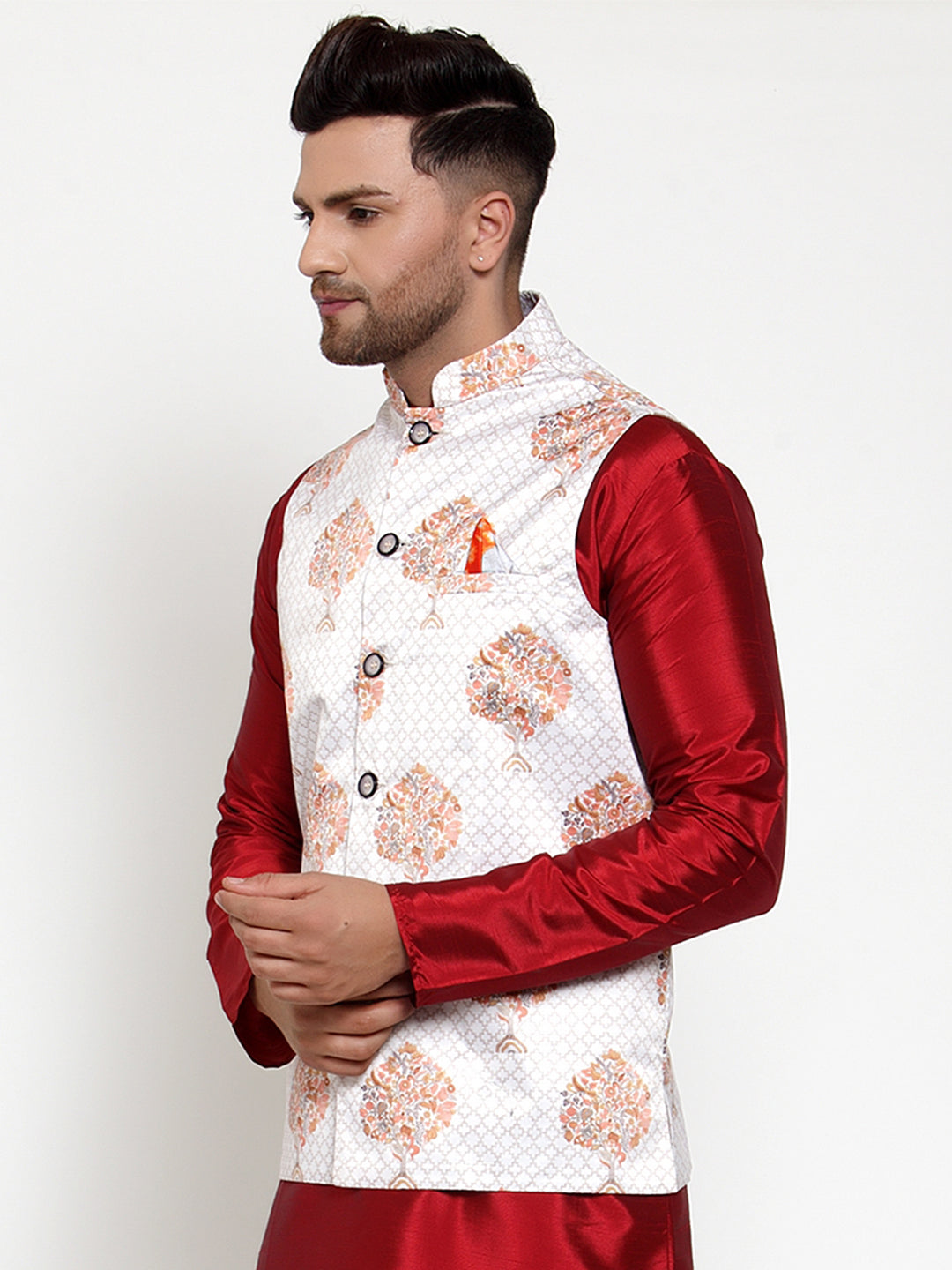 Jompers Men's White Printed Nehru Jacket