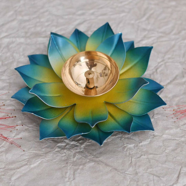 CraftVatika Blue Lotus Hand Painted Diya Metal - Distacart