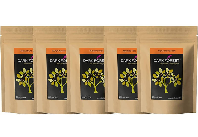 Dark Forest Ubtan Combo Dark Forest Amba Halad Powder - 200g  Dark Forest Khus Powder - 200g  Dark Forest Vekhand Powder - 200g  Dark Forest Orange Peel Powder - 200g  Dark Forest Kapur Kachri Powder - 200g