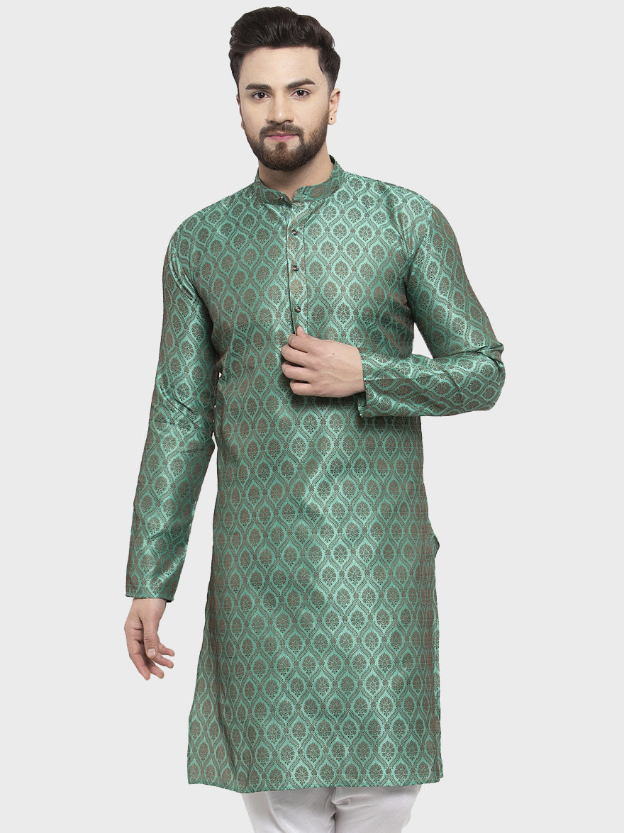 Jompers Men Green & Grey Jacquard Kurta Only - Distacart