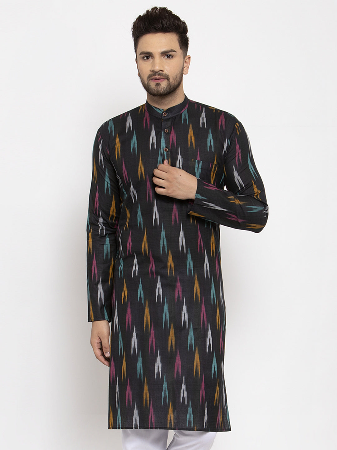 Jompers Men Black Woven Design Ikkat Straight Kurta Only - Distacart
