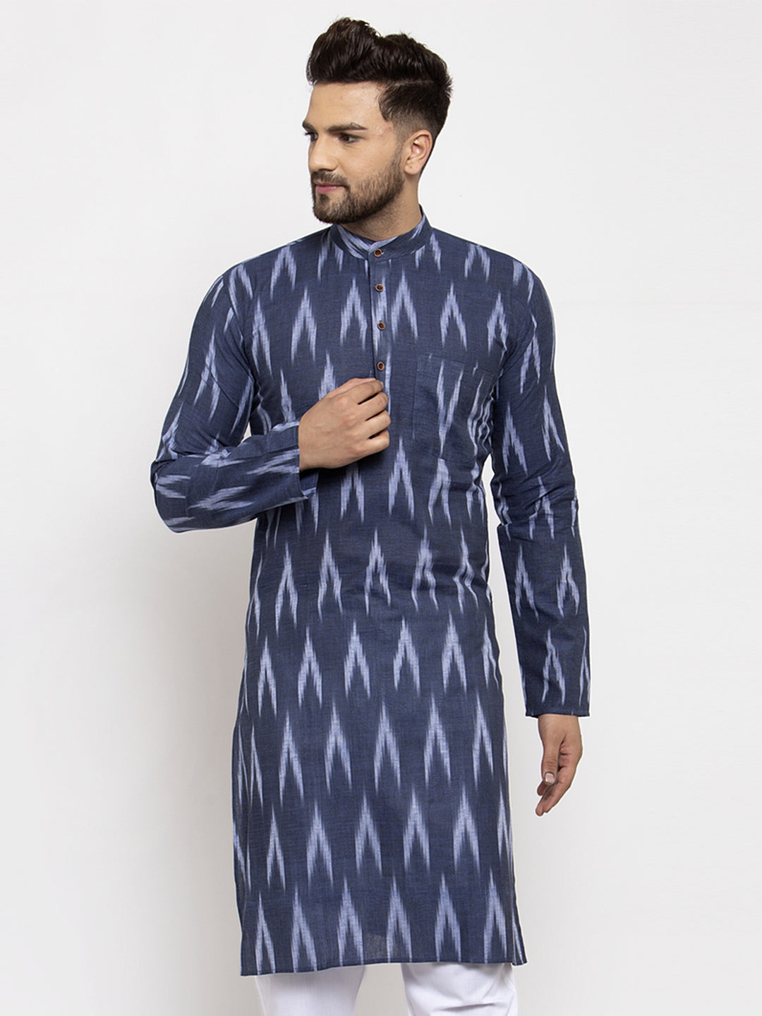 Jompers Men Blue Woven Design Ikkat Straight Kurta Only - Distacart