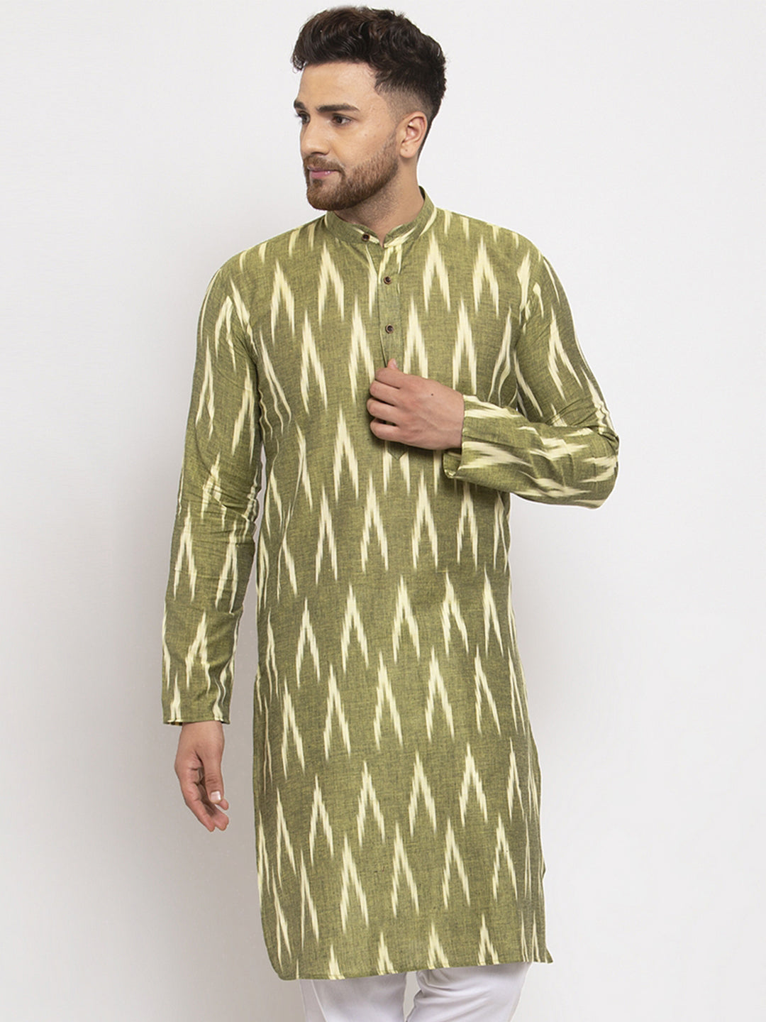 Jompers Men Green Woven Design Ikkat Straight Kurta Only - Distacart