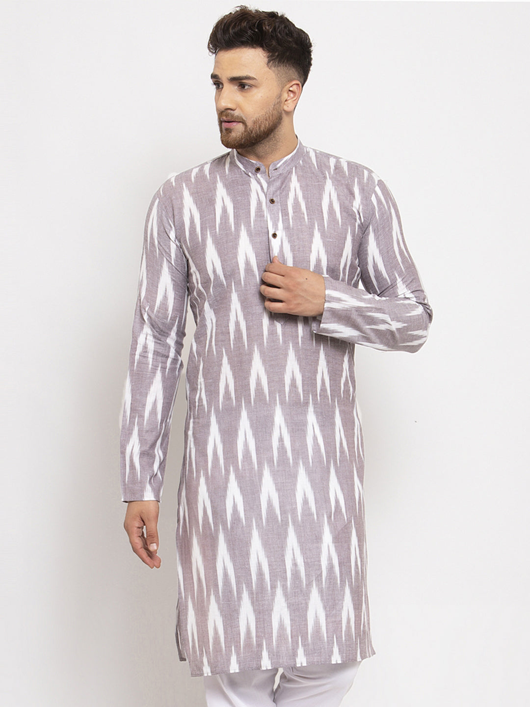 Jompers Men Grey Woven Design Ikkat Straight Kurta Only - Distacart