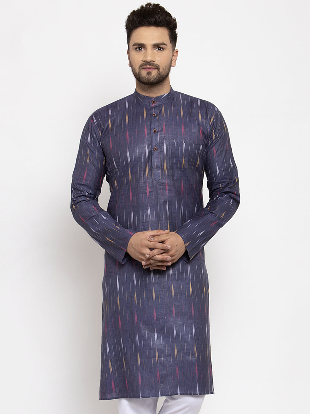 Jompers Men Navy Blue Woven Design Ikkat Straight Kurta Only - Distacart