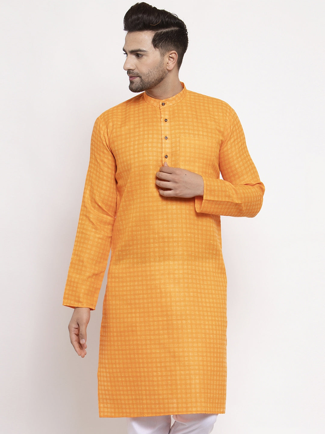 Jompers Men's Beautiful Yellow Woven Kurta Only