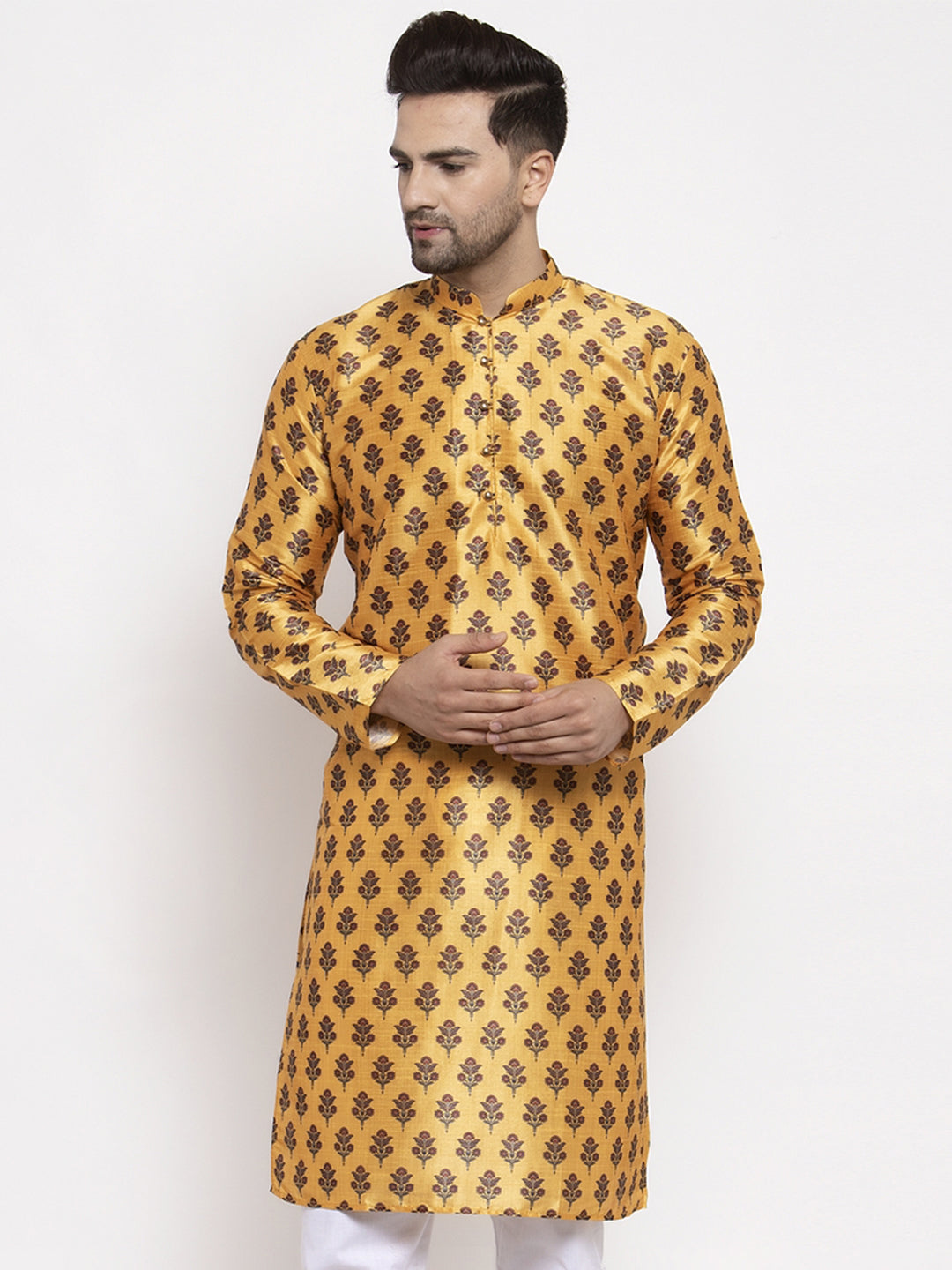 Jompers Men's Yellow Printed Kurta Only