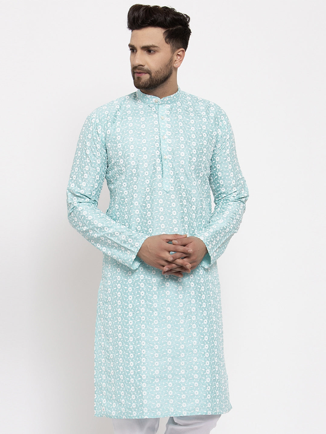 Jompers Men Turquoise Blue Embroidered Kurta Only - Distacart