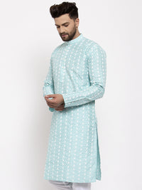 Thumbnail for Jompers Men Turquoise Blue Embroidered Kurta Only - Distacart