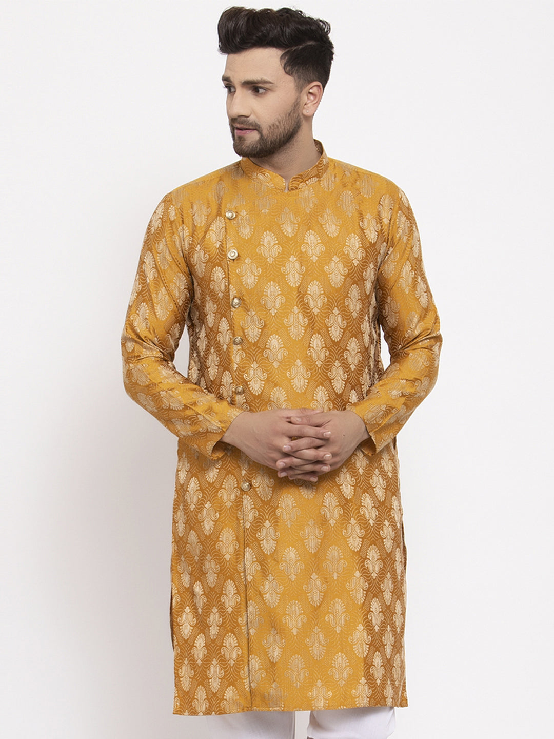Jompers Men Mustard Yellow & White Jacquard Kurta Only - Distacart