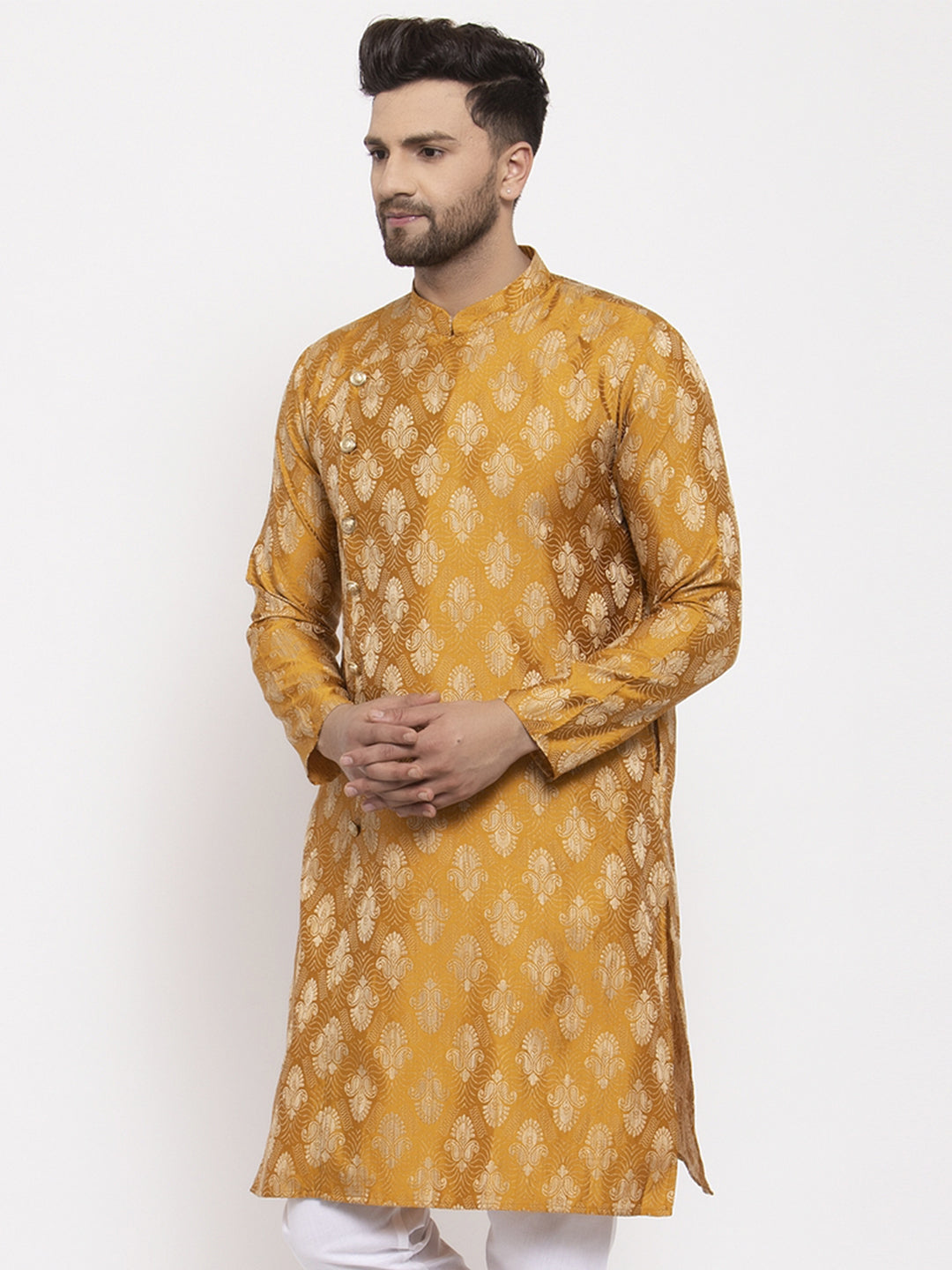 Jompers Men Mustard Yellow & White Jacquard Kurta Only - Distacart