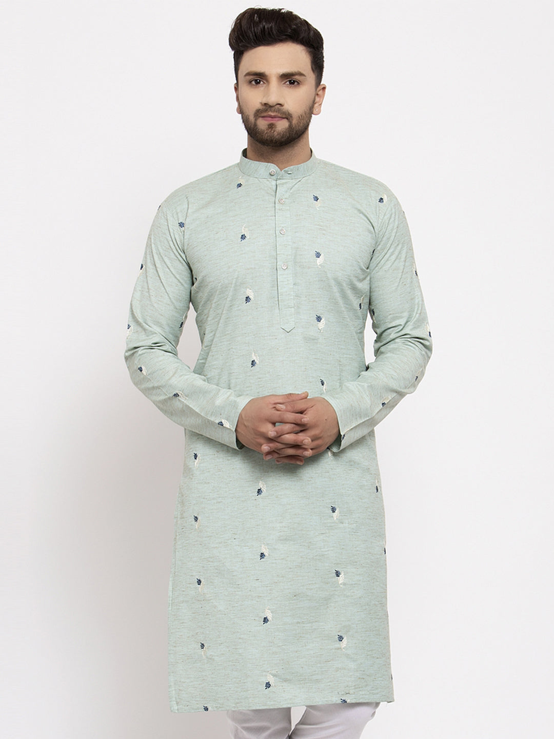 Jompers Men's Beautiful Green Printed Cotton Kurta Only