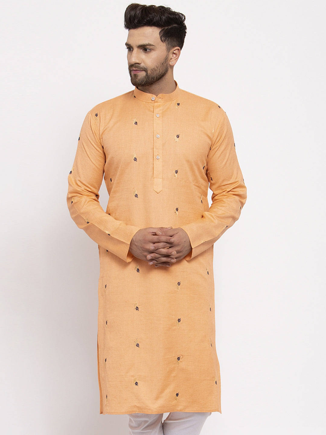 Jompers Men's Orange Printed Cotton Kurta Only