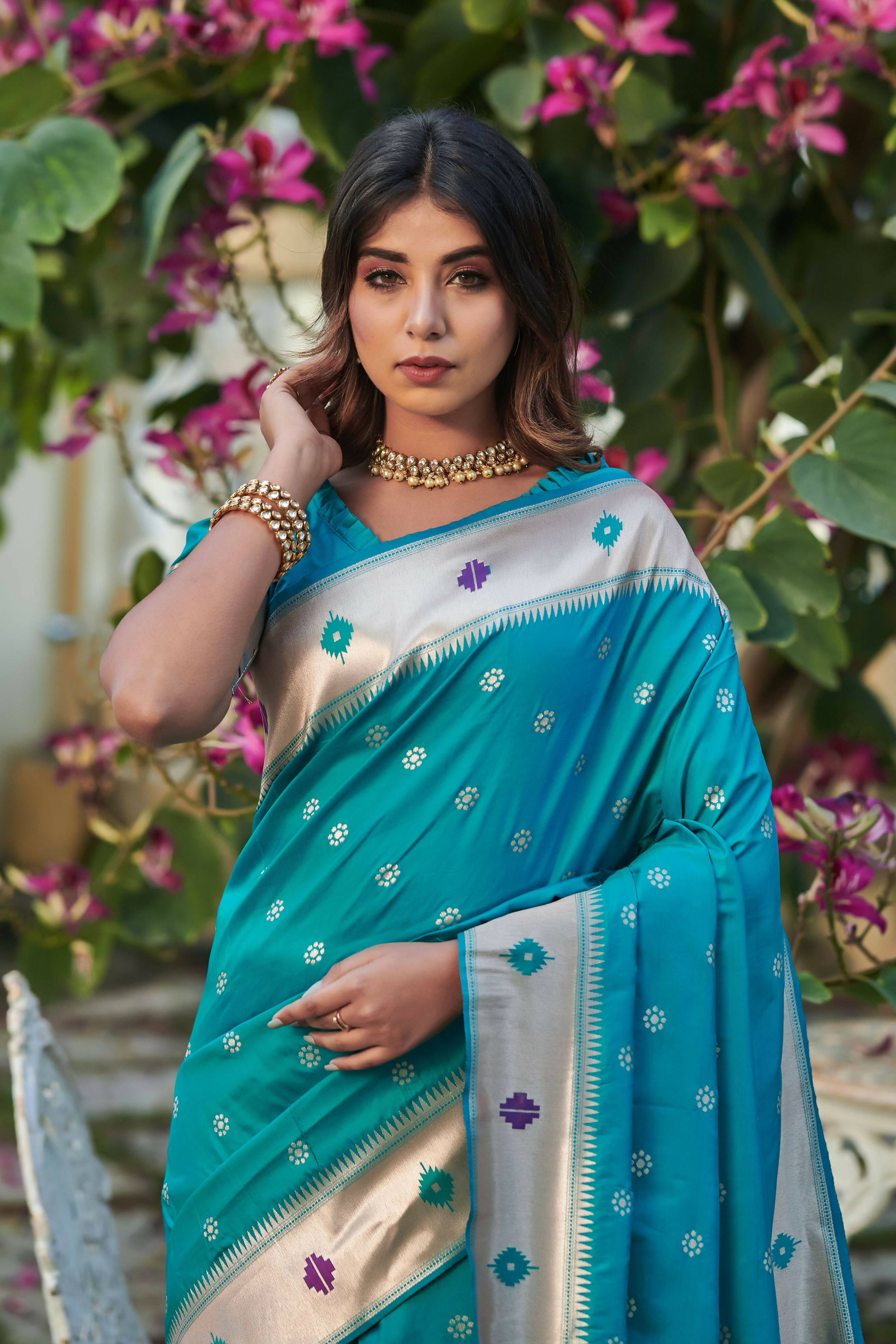 Vishnu Weaves Women's Firozi Banarasi Silk Zari Woven Paithani Saree with Unstitched Blouse - Distacart