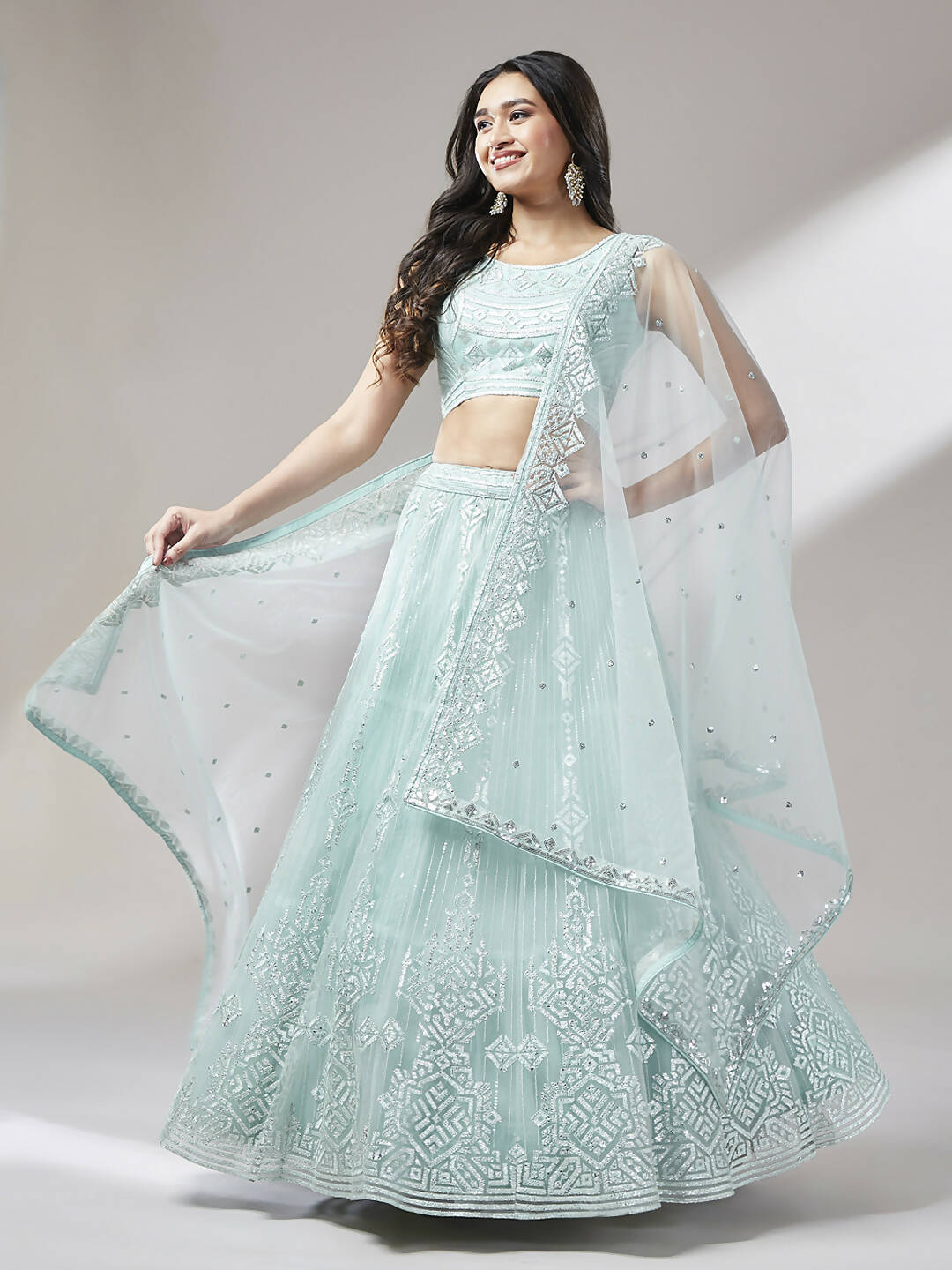House of Panchhi Turquoise Blue Net Gotapatti Work Lehenga & Blouse, Dupatta - Distacart