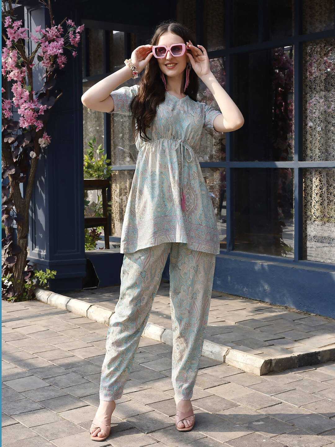 Sky Blue Rayon Paisley & Floral Printed Top with Matching Bottom - Eesha - Distacart