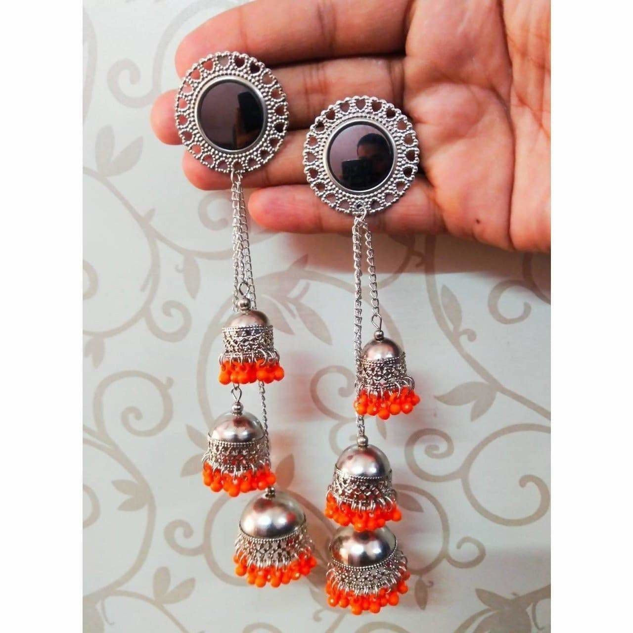 Kashmiri Triple Orange Color Pearls Hanging Jhumka Earrings