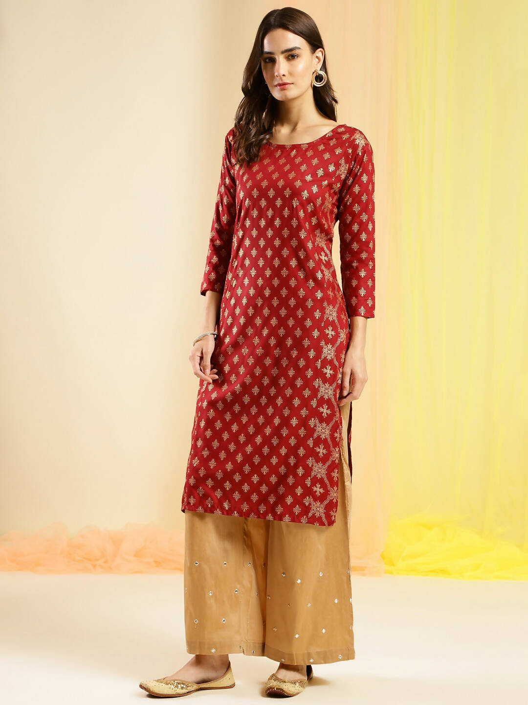 Maroon & Gold-Toned Viscose Rayon Ethnic Motifs Printed Kurta - Mamta - Distacart