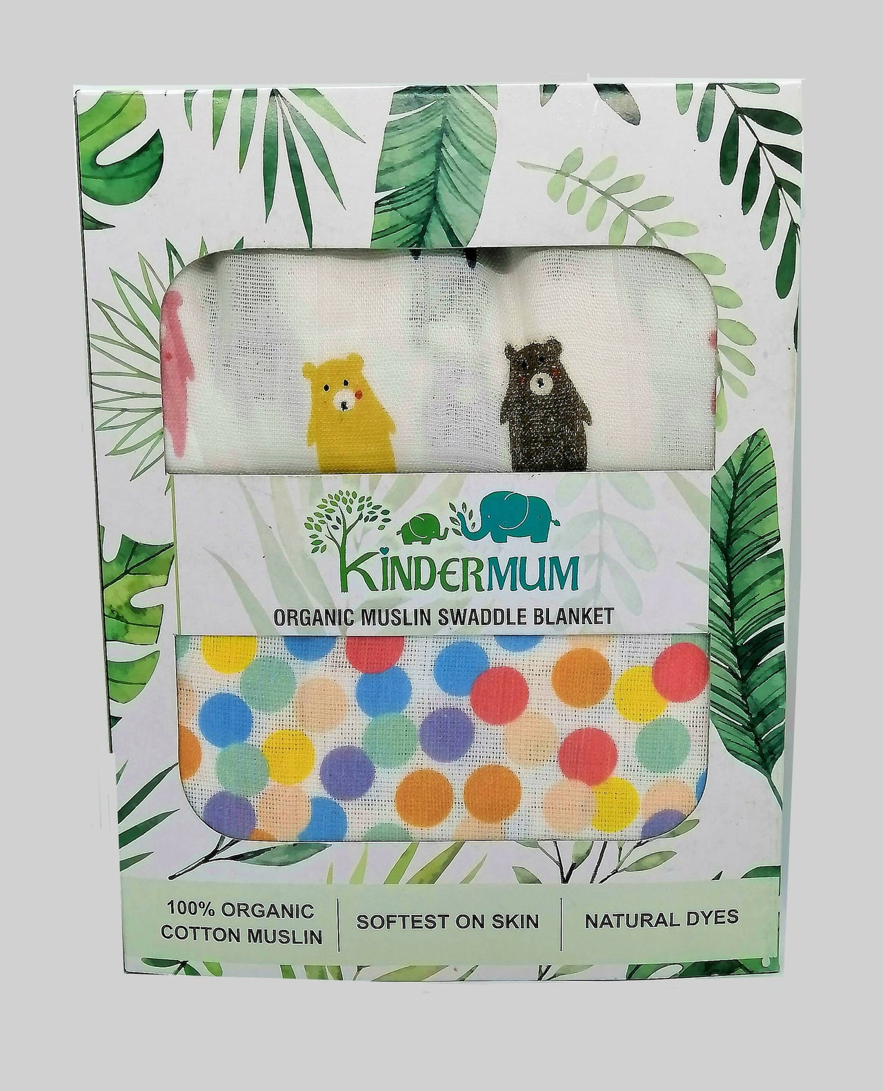 Kindermum Organic Cotton Muslin Swaddle Blanket 110 Cm X 110 Cm - Set Of 2 - Colorful Polka And Bear - Distacart