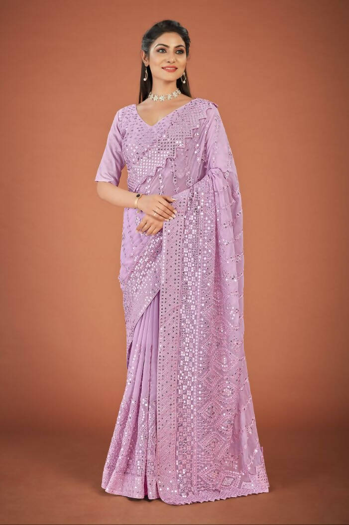 Vastrasky Lavender Georgette Designer Saree - Distacart